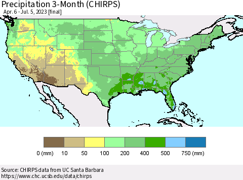 United States Precipitation 3-Month (CHIRPS) Thematic Map For 4/6/2023 - 7/5/2023