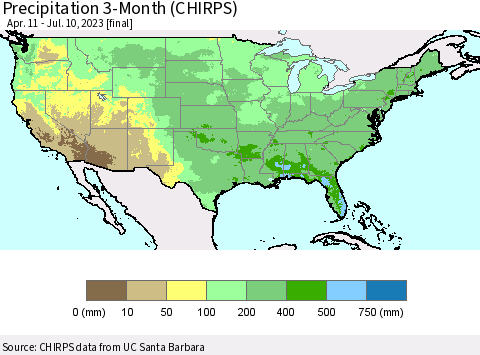 United States Precipitation 3-Month (CHIRPS) Thematic Map For 4/11/2023 - 7/10/2023