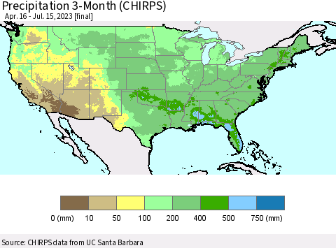United States Precipitation 3-Month (CHIRPS) Thematic Map For 4/16/2023 - 7/15/2023