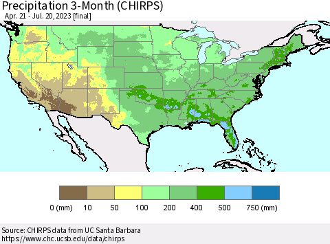 United States Precipitation 3-Month (CHIRPS) Thematic Map For 4/21/2023 - 7/20/2023