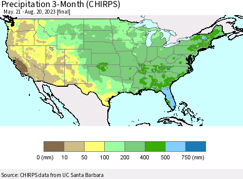 United States Precipitation 3-Month (CHIRPS) Thematic Map For 5/21/2023 - 8/20/2023