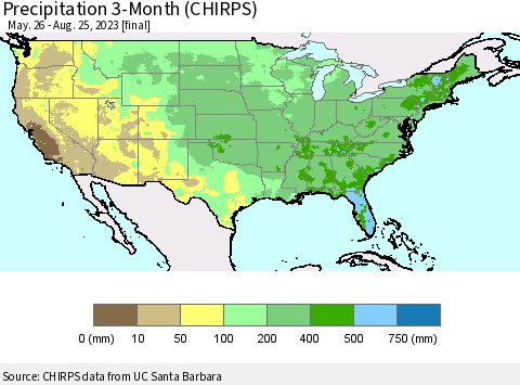 United States Precipitation 3-Month (CHIRPS) Thematic Map For 5/26/2023 - 8/25/2023