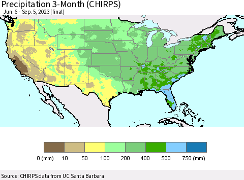 United States Precipitation 3-Month (CHIRPS) Thematic Map For 6/6/2023 - 9/5/2023