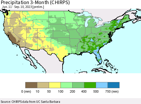 United States Precipitation 3-Month (CHIRPS) Thematic Map For 6/11/2023 - 9/10/2023