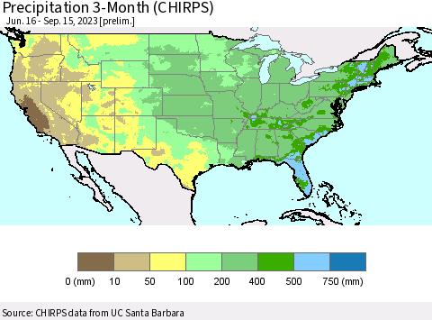 United States Precipitation 3-Month (CHIRPS) Thematic Map For 6/16/2023 - 9/15/2023