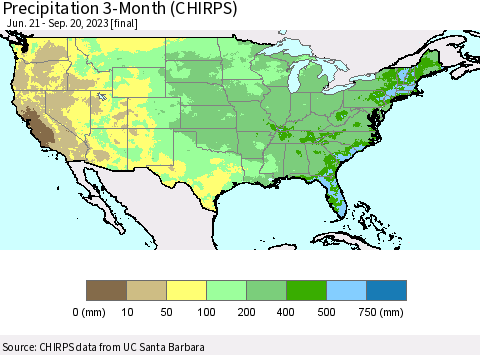 United States Precipitation 3-Month (CHIRPS) Thematic Map For 6/21/2023 - 9/20/2023
