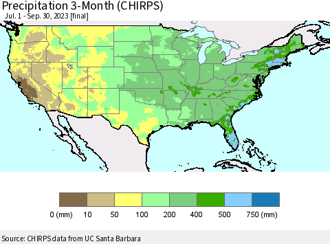 United States Precipitation 3-Month (CHIRPS) Thematic Map For 7/1/2023 - 9/30/2023