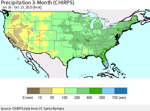 United States Precipitation 3-Month (CHIRPS) Thematic Map For 7/16/2023 - 10/15/2023