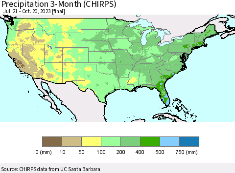 United States Precipitation 3-Month (CHIRPS) Thematic Map For 7/21/2023 - 10/20/2023