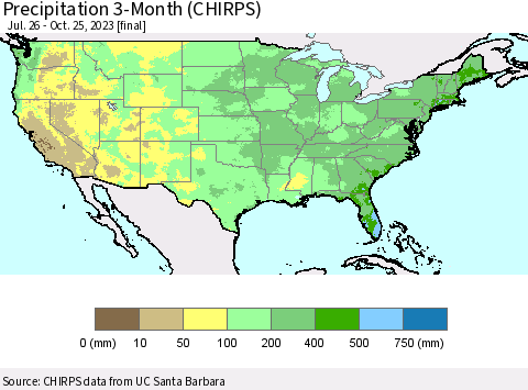 United States Precipitation 3-Month (CHIRPS) Thematic Map For 7/26/2023 - 10/25/2023