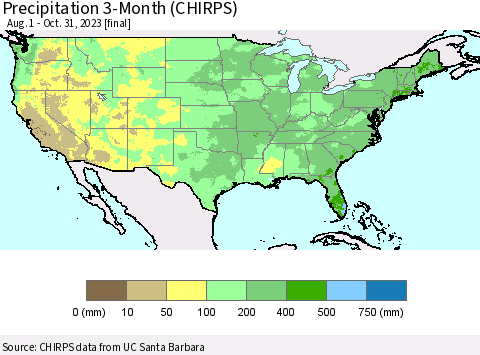 United States Precipitation 3-Month (CHIRPS) Thematic Map For 8/1/2023 - 10/31/2023
