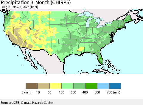 United States Precipitation 3-Month (CHIRPS) Thematic Map For 8/6/2023 - 11/5/2023