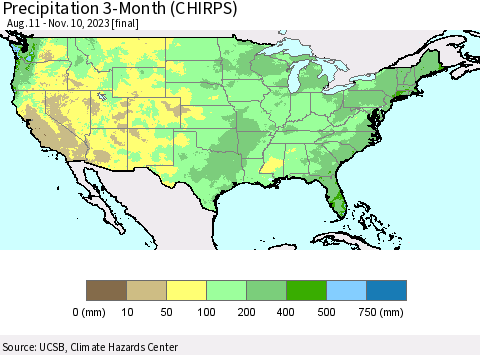 United States Precipitation 3-Month (CHIRPS) Thematic Map For 8/11/2023 - 11/10/2023