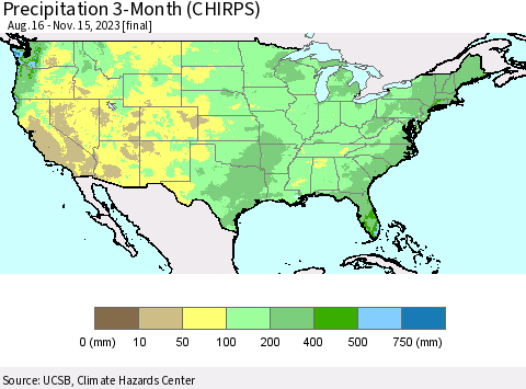 United States Precipitation 3-Month (CHIRPS) Thematic Map For 8/16/2023 - 11/15/2023