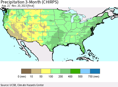 United States Precipitation 3-Month (CHIRPS) Thematic Map For 8/21/2023 - 11/20/2023