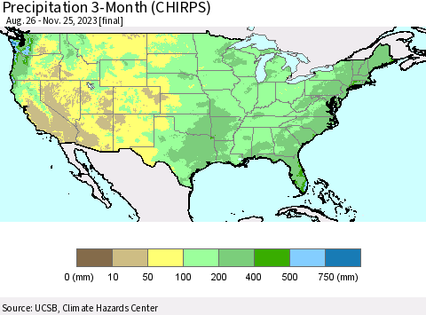 United States Precipitation 3-Month (CHIRPS) Thematic Map For 8/26/2023 - 11/25/2023