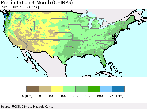 United States Precipitation 3-Month (CHIRPS) Thematic Map For 9/6/2023 - 12/5/2023