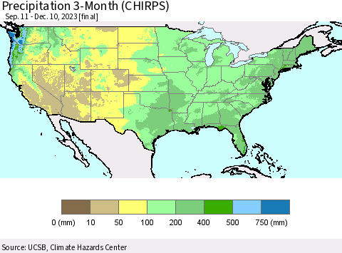 United States Precipitation 3-Month (CHIRPS) Thematic Map For 9/11/2023 - 12/10/2023