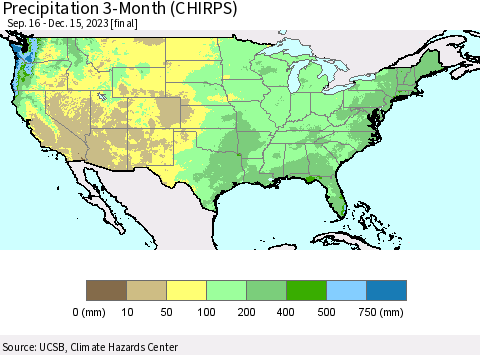United States Precipitation 3-Month (CHIRPS) Thematic Map For 9/16/2023 - 12/15/2023
