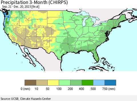 United States Precipitation 3-Month (CHIRPS) Thematic Map For 9/21/2023 - 12/20/2023