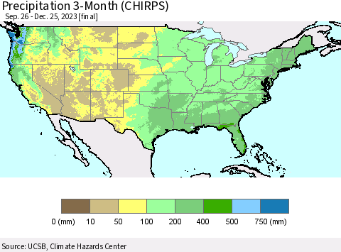 United States Precipitation 3-Month (CHIRPS) Thematic Map For 9/26/2023 - 12/25/2023