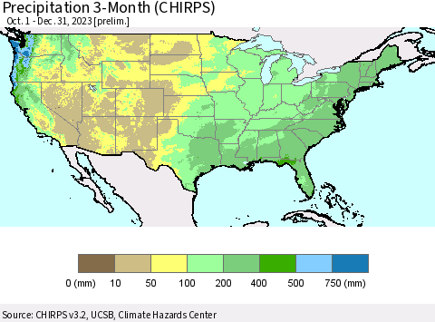 United States Precipitation 3-Month (CHIRPS) Thematic Map For 10/1/2023 - 12/31/2023