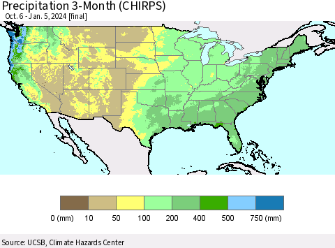 United States Precipitation 3-Month (CHIRPS) Thematic Map For 10/6/2023 - 1/5/2024