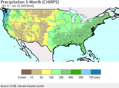 United States Precipitation 3-Month (CHIRPS) Thematic Map For 10/11/2023 - 1/10/2024