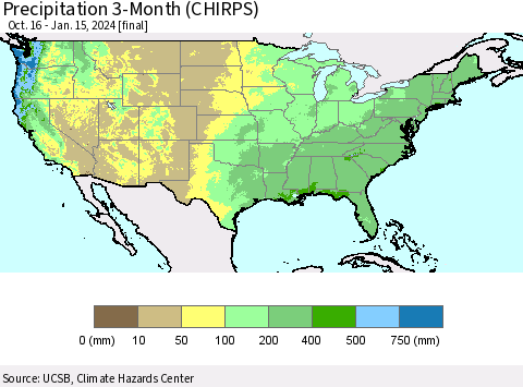 United States Precipitation 3-Month (CHIRPS) Thematic Map For 10/16/2023 - 1/15/2024