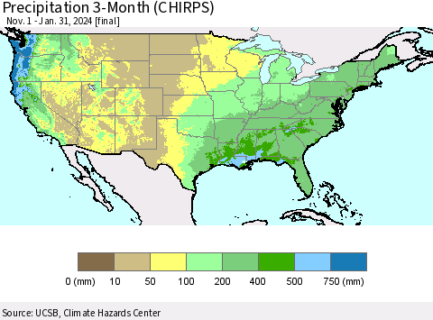 United States Precipitation 3-Month (CHIRPS) Thematic Map For 11/1/2023 - 1/31/2024