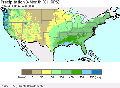 United States Precipitation 3-Month (CHIRPS) Thematic Map For 11/11/2023 - 2/10/2024
