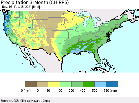 United States Precipitation 3-Month (CHIRPS) Thematic Map For 11/16/2023 - 2/15/2024