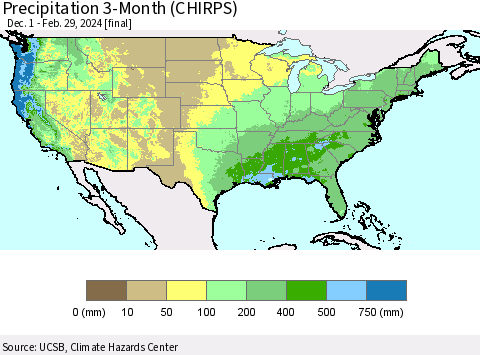 United States Precipitation 3-Month (CHIRPS) Thematic Map For 12/1/2023 - 2/29/2024