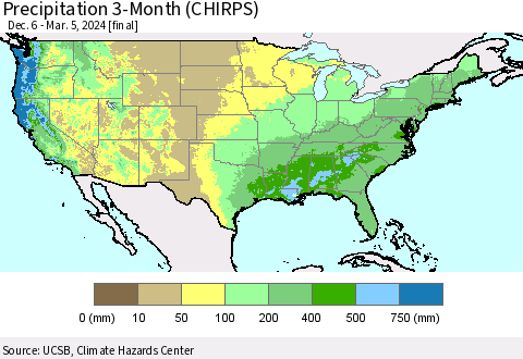 United States Precipitation 3-Month (CHIRPS) Thematic Map For 12/6/2023 - 3/5/2024