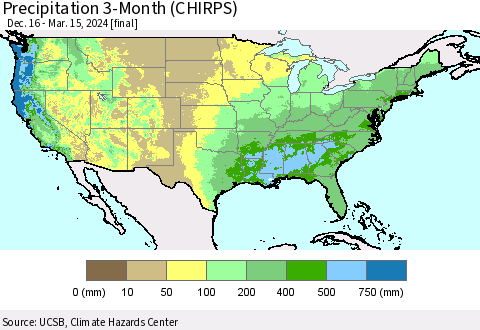 United States Precipitation 3-Month (CHIRPS) Thematic Map For 12/16/2023 - 3/15/2024