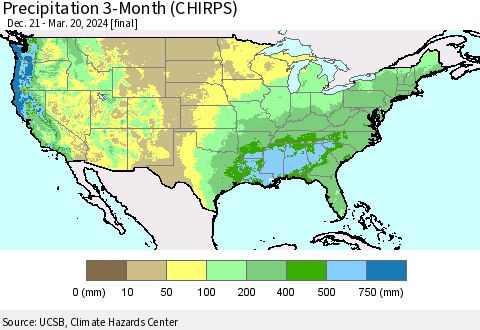 United States Precipitation 3-Month (CHIRPS) Thematic Map For 12/21/2023 - 3/20/2024