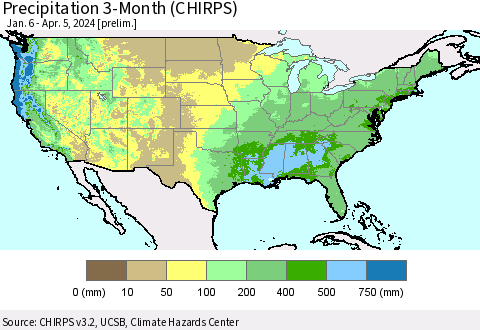 United States Precipitation 3-Month (CHIRPS) Thematic Map For 1/6/2024 - 4/5/2024