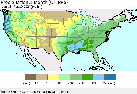 United States Precipitation 3-Month (CHIRPS) Thematic Map For 1/11/2024 - 4/10/2024