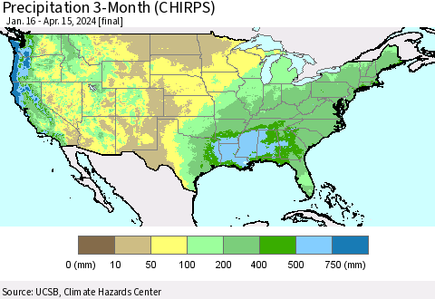 United States Precipitation 3-Month (CHIRPS) Thematic Map For 1/16/2024 - 4/15/2024
