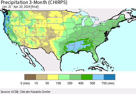 United States Precipitation 3-Month (CHIRPS) Thematic Map For 1/21/2024 - 4/20/2024