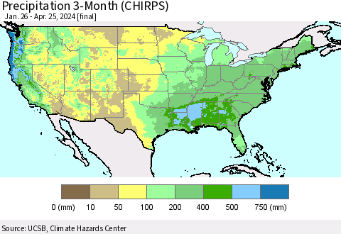 United States Precipitation 3-Month (CHIRPS) Thematic Map For 1/26/2024 - 4/25/2024
