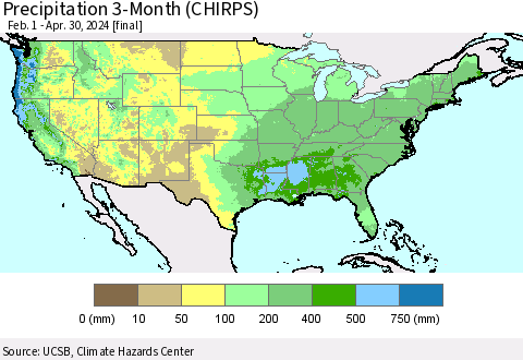 United States Precipitation 3-Month (CHIRPS) Thematic Map For 2/1/2024 - 4/30/2024