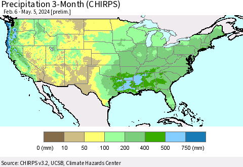 United States Precipitation 3-Month (CHIRPS) Thematic Map For 2/6/2024 - 5/5/2024