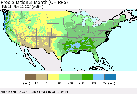 United States Precipitation 3-Month (CHIRPS) Thematic Map For 2/11/2024 - 5/10/2024