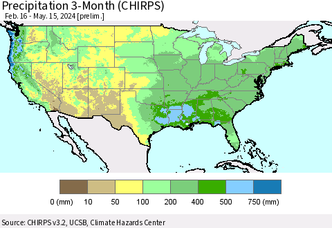 United States Precipitation 3-Month (CHIRPS) Thematic Map For 2/16/2024 - 5/15/2024