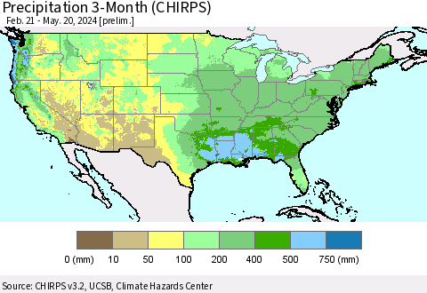 United States Precipitation 3-Month (CHIRPS) Thematic Map For 2/21/2024 - 5/20/2024