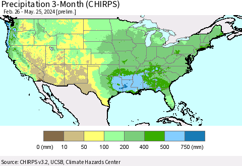 United States Precipitation 3-Month (CHIRPS) Thematic Map For 2/26/2024 - 5/25/2024