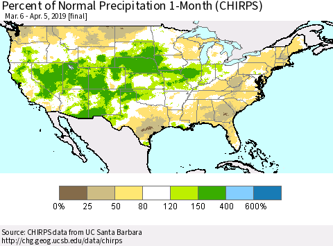 United States Percent of Normal Precipitation 1-Month (CHIRPS) Thematic Map For 3/6/2019 - 4/5/2019