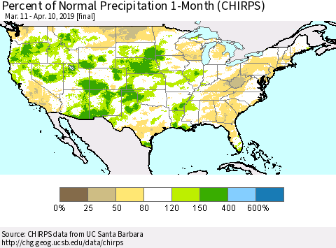 United States Percent of Normal Precipitation 1-Month (CHIRPS) Thematic Map For 3/11/2019 - 4/10/2019
