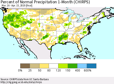 United States Percent of Normal Precipitation 1-Month (CHIRPS) Thematic Map For 3/16/2019 - 4/15/2019